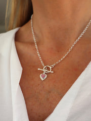 T Bar Double Pink Sparkle Heart Necklace