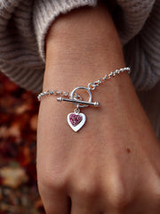 T Bar Double Pink Sparkle Heart Bracelet