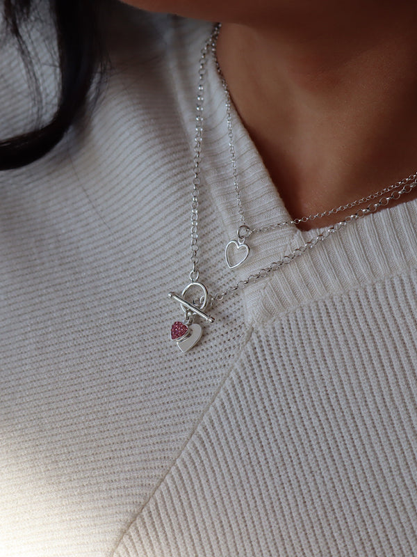 T Bar Double Pink Sparkle Heart Necklace