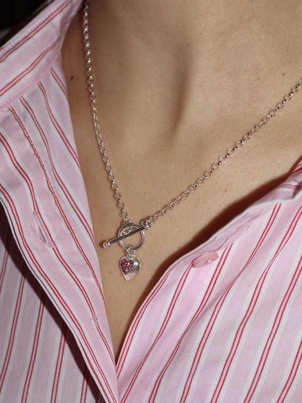 T Bar Double Pink Sparkle Heart Necklace