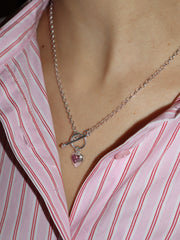 T Bar Double Pink Sparkle Heart Necklace