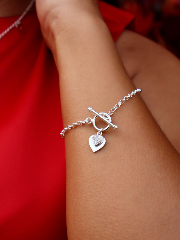 T Bar Double Sparkle Heart Bracelet