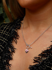 T Bar Double Pink Sparkle Heart Necklace
