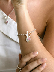 T Bar Double Pink Sparkle Heart Bracelet
