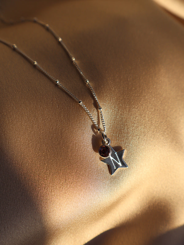 Engraved Initial Star Necklace with Birthstone