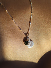 Engraved Initial Disc Necklace with Birthstone