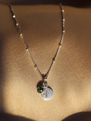 Engraved Initial Disc Necklace with Birthstone